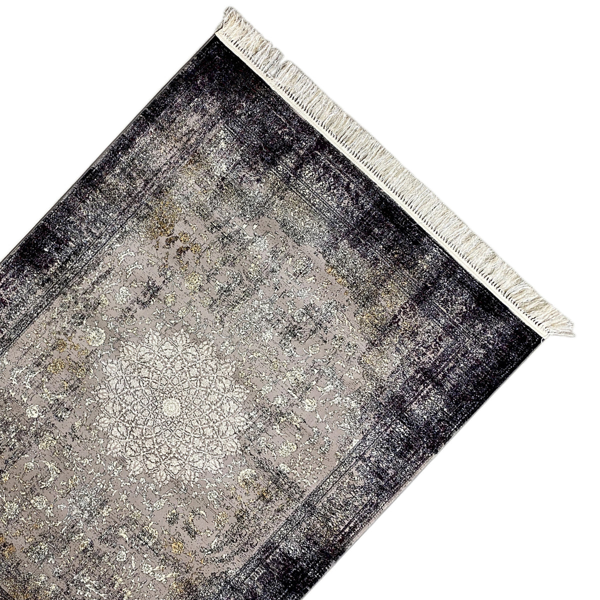 Vintage-Teppich mit flächigem Ornamentmuster in Grau und dunklen Rahmenlinien