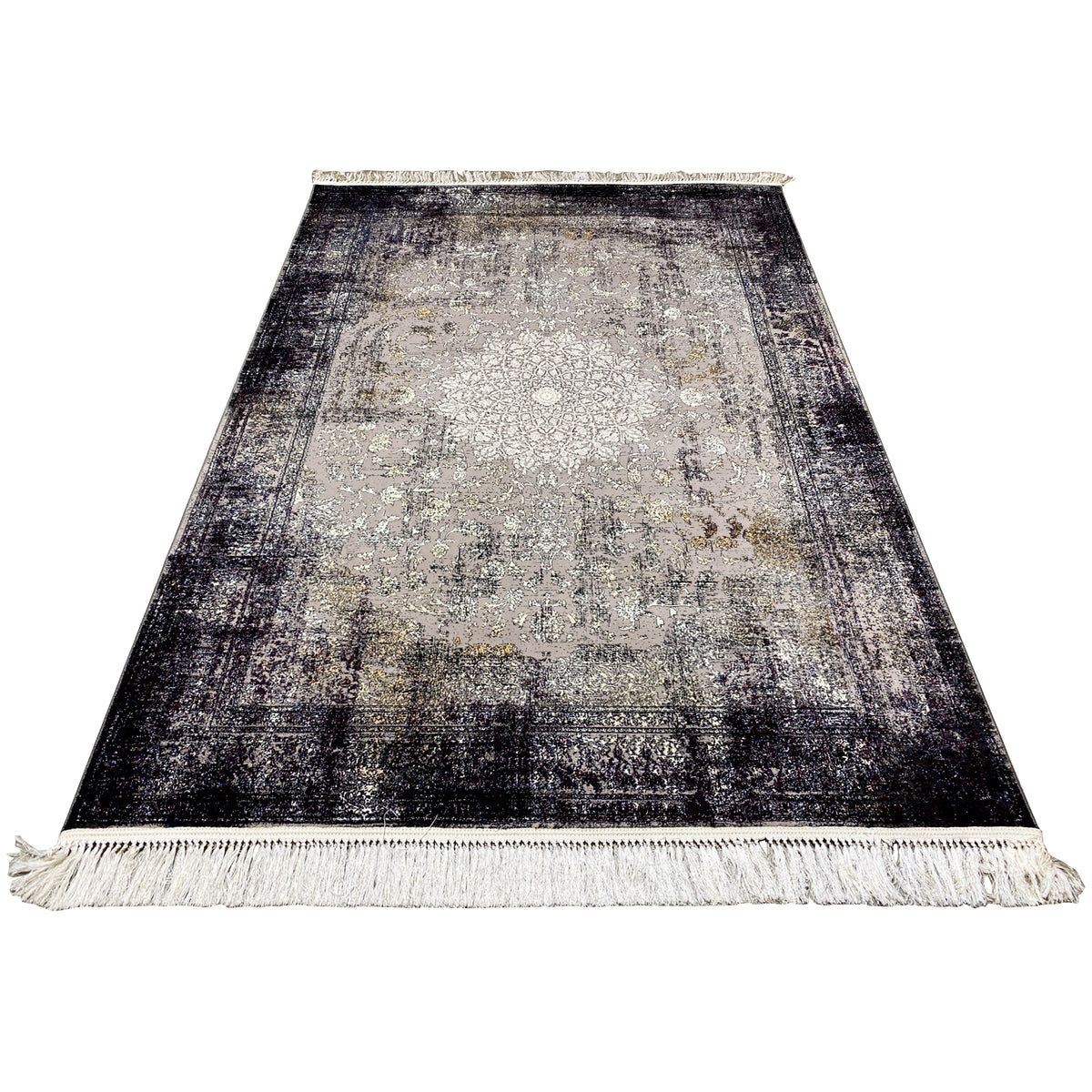 Rechteckiger Vintage-Teppich mit abstraktem Vintage-Muster, dunklem Rand, umlaufenden Fransen