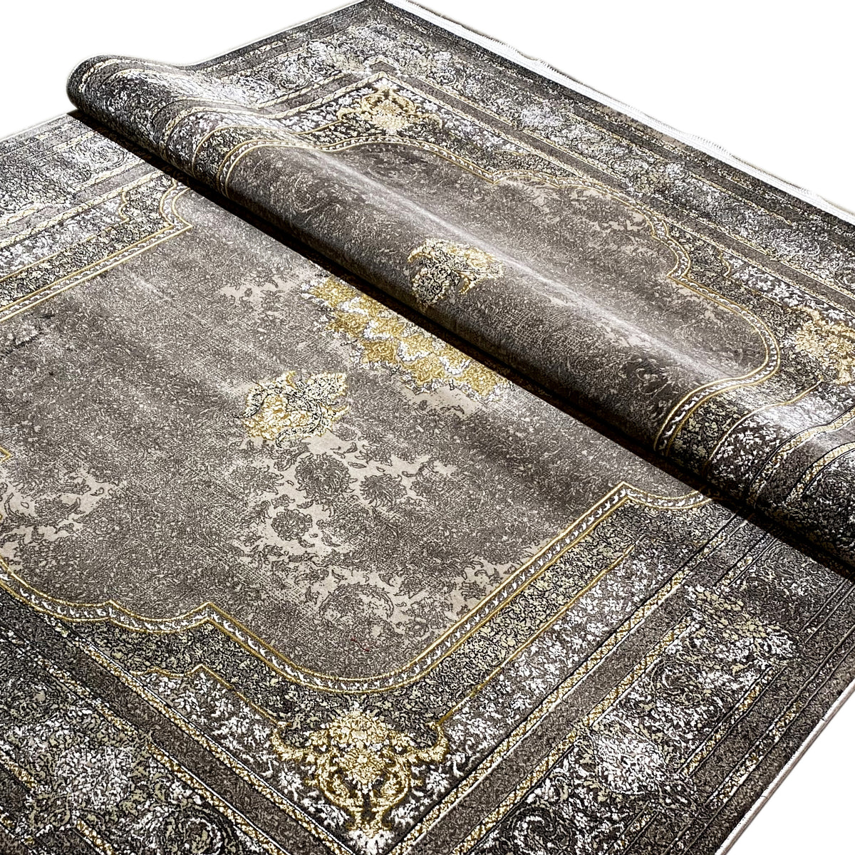 Teppich 170x240 cm mit Vintage-Ornamenten in Grau, Gold und dunklem Anthrazit