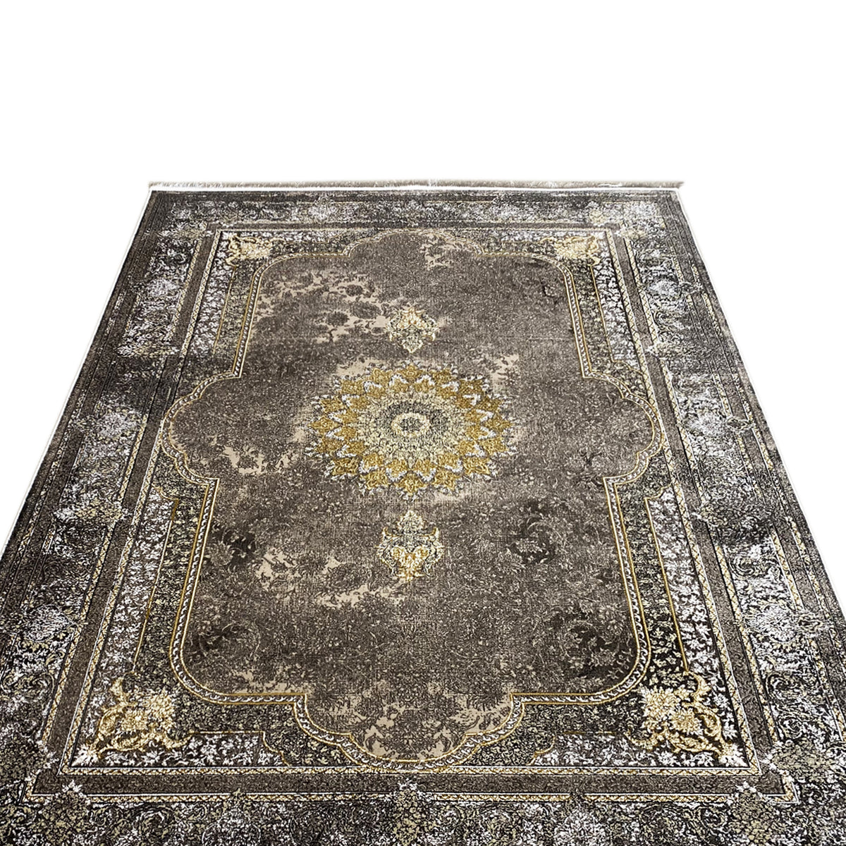 Orientteppich 170x240 cm, dunkelgrau mit zentralem Medaillon und goldener Zierlinie