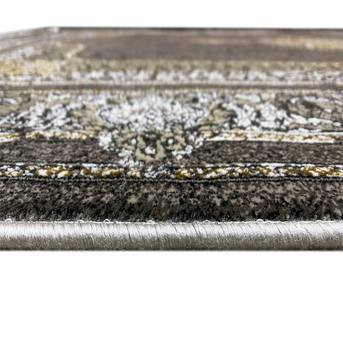 Orientteppich 170x240 cm, Fransenborte in hellgrau mit gold-gemustertem Saum