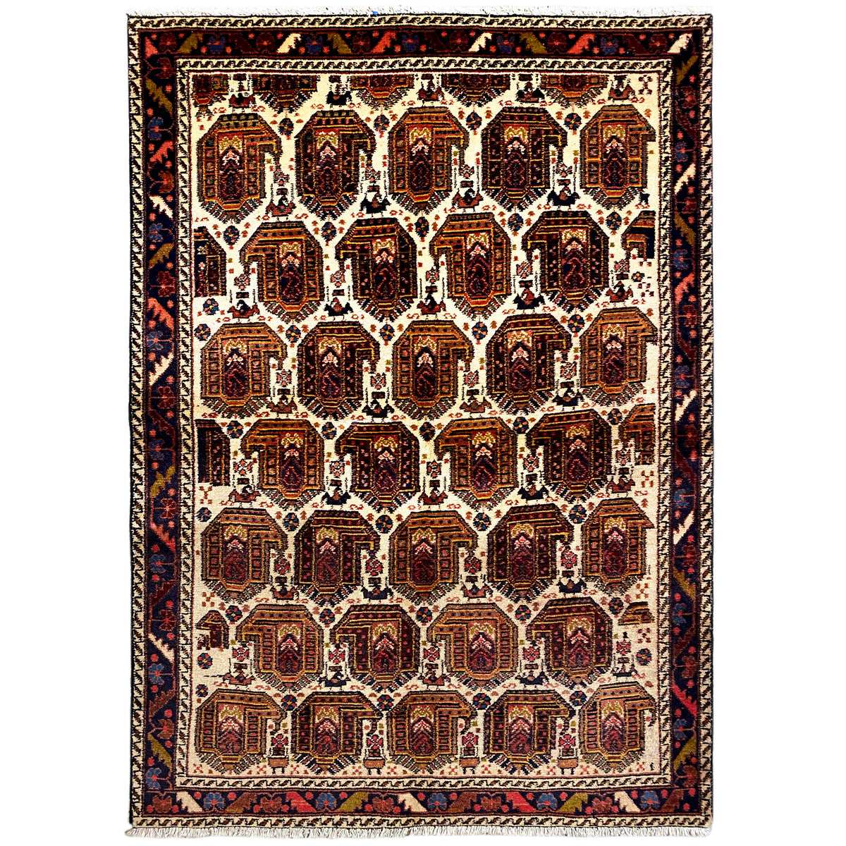 Shahre Babak Teppich (154x105 cm), voller Teppich mit Medaillons im Raster und dunkler Umrandung