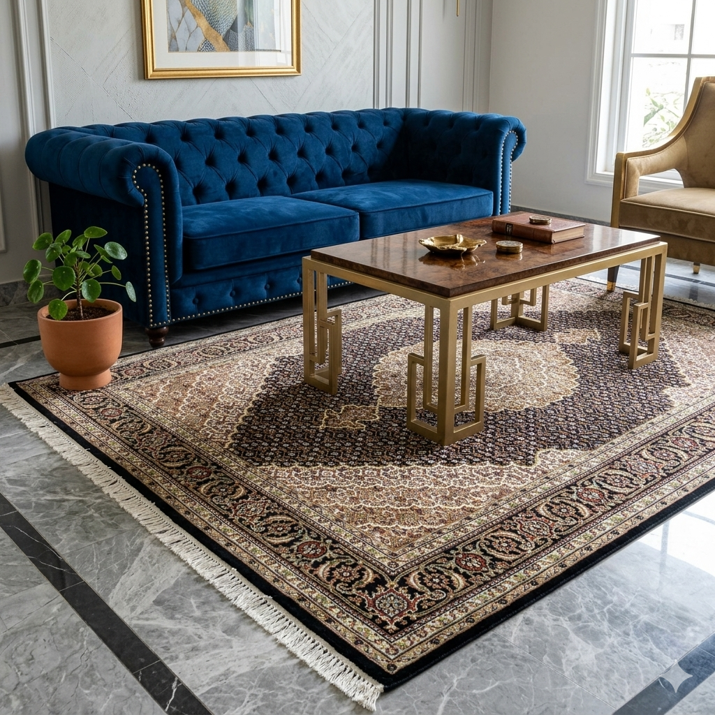 Rechteckiger Orientteppich mit Ornamenten in Beige und Dunkelbraun, mit Fransen am Rand