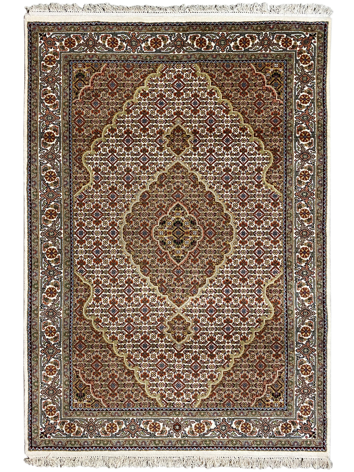 Indo Täbriz Teppich rechteckig mit zentralem Medaillon, braun-beige, Fransen beidseitig