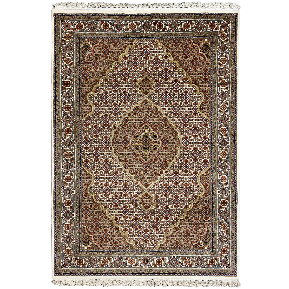 Indo Täbriz Teppich rechteckig mit ornamentalem Medaillon, braun-beige, mit Fransen