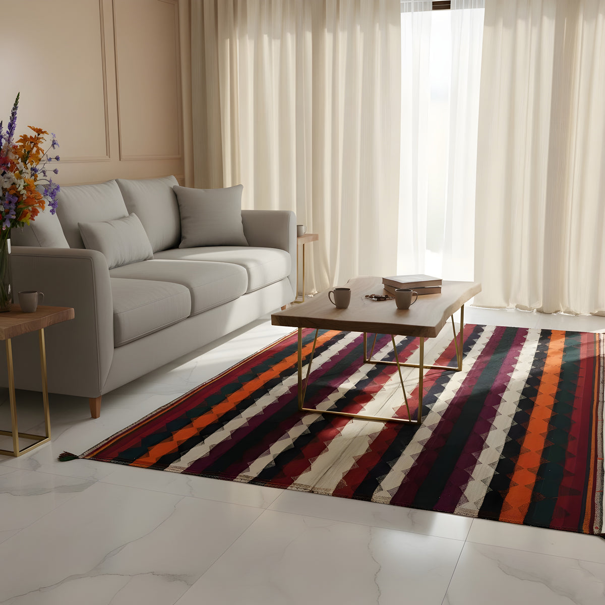 Bunter Jajim-Teppich mit Streifenmuster in Lila, Orange, Dunkelblau und Creme im Wohnbereich