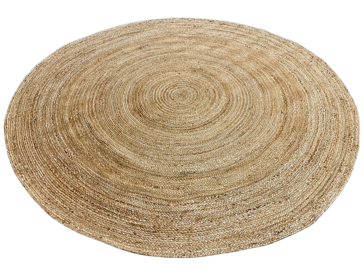 Runder Jute-Teppich mit beigem, konzentrischem Muster und feiner Webstruktur