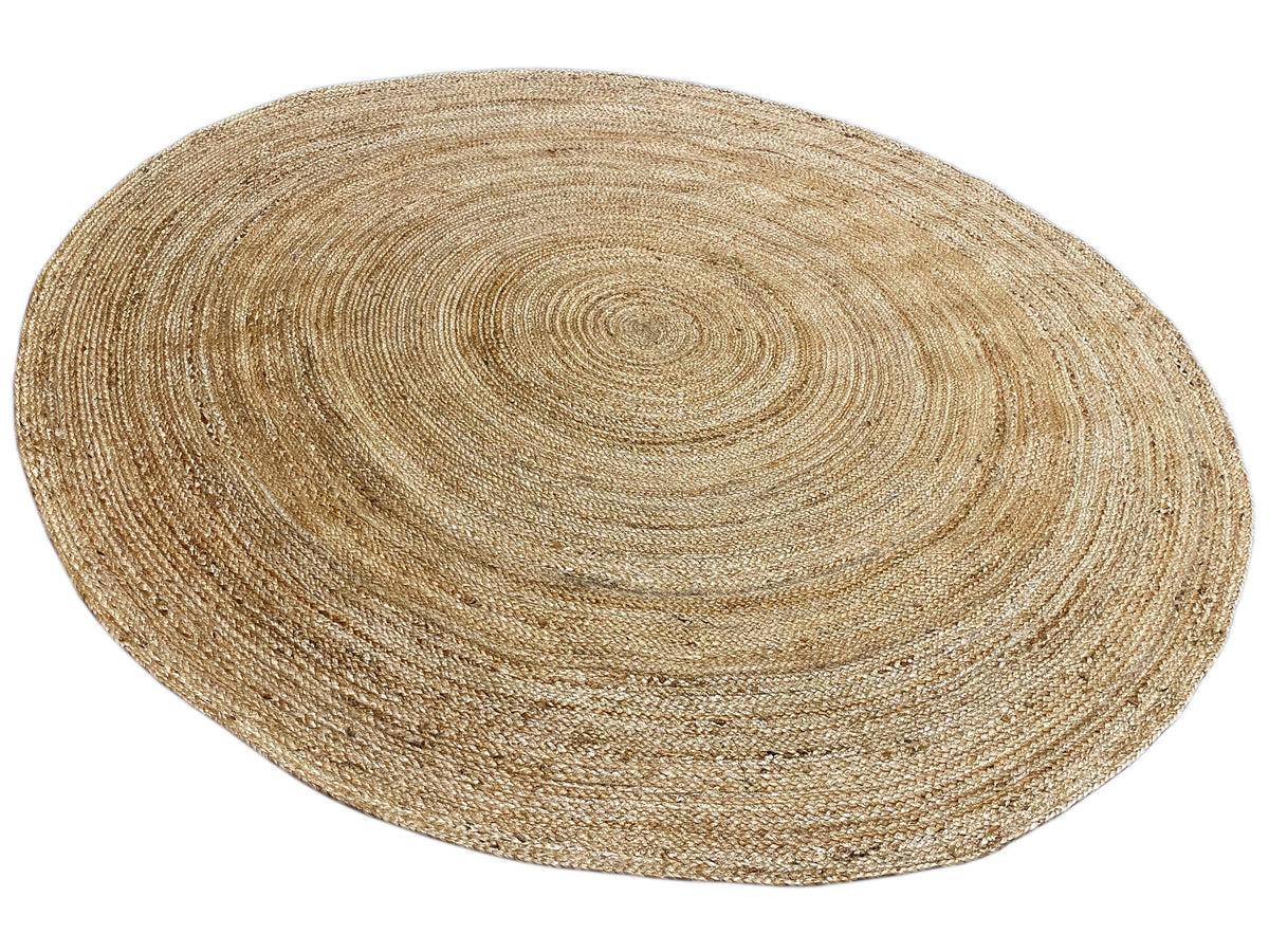 Runder Jute-Teppich in Naturbeige mit schimmernder Spiraloptik