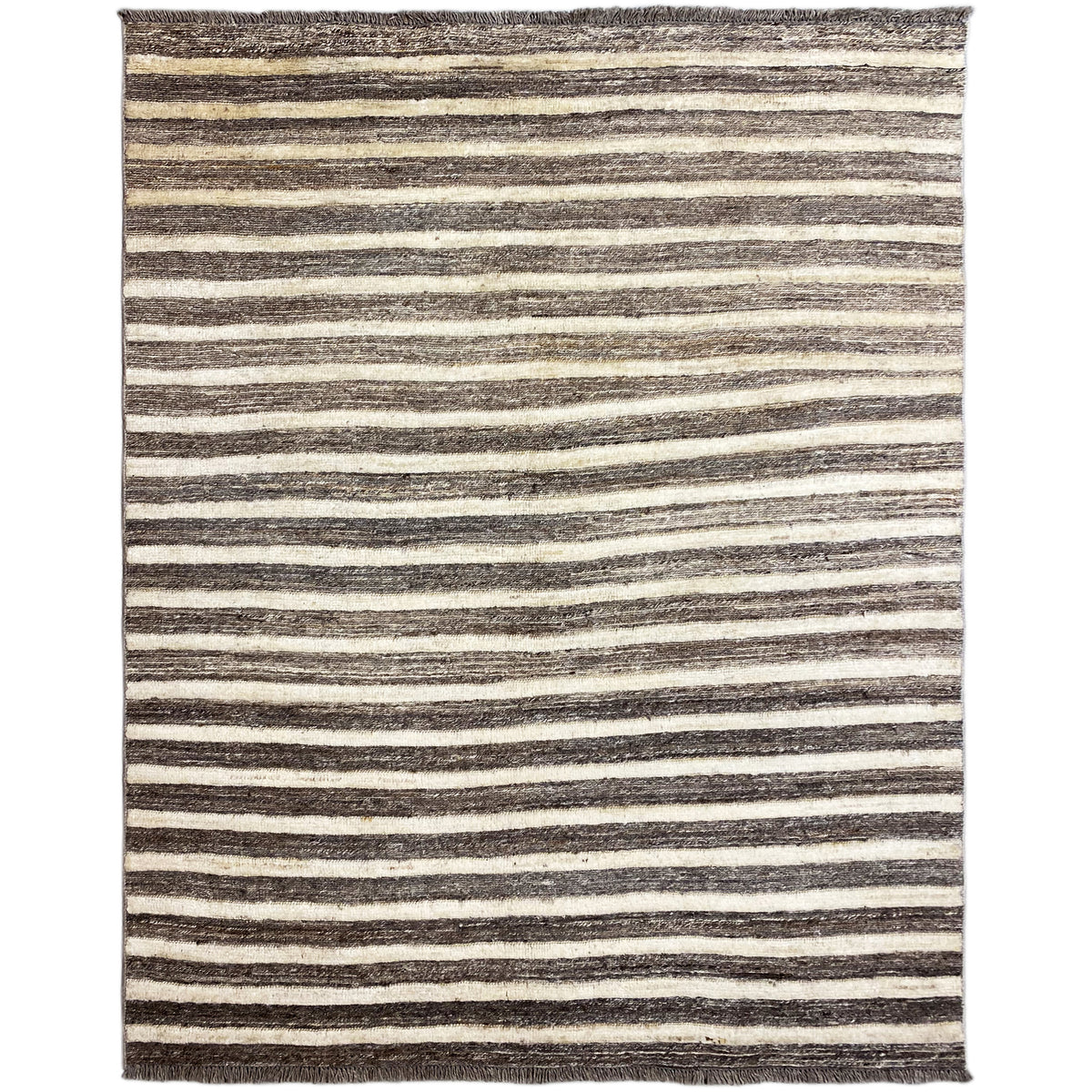 Gestreifter Kelim-Teppich mit Fransen, beige-grau und dunkelbraune Linien