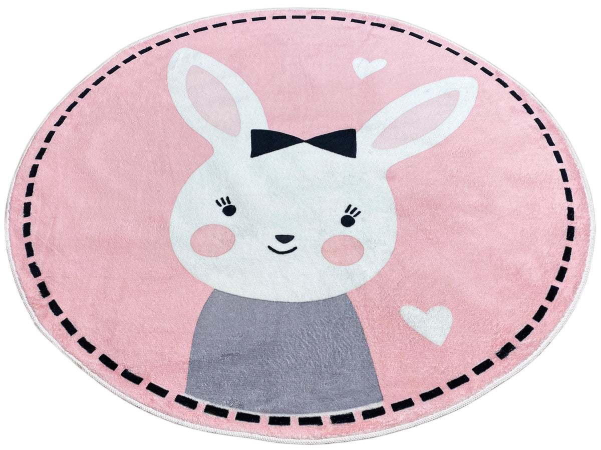 Runder Kinderteppich Hase, rosa mit grauem Anzugteil und schwarzer Fliege