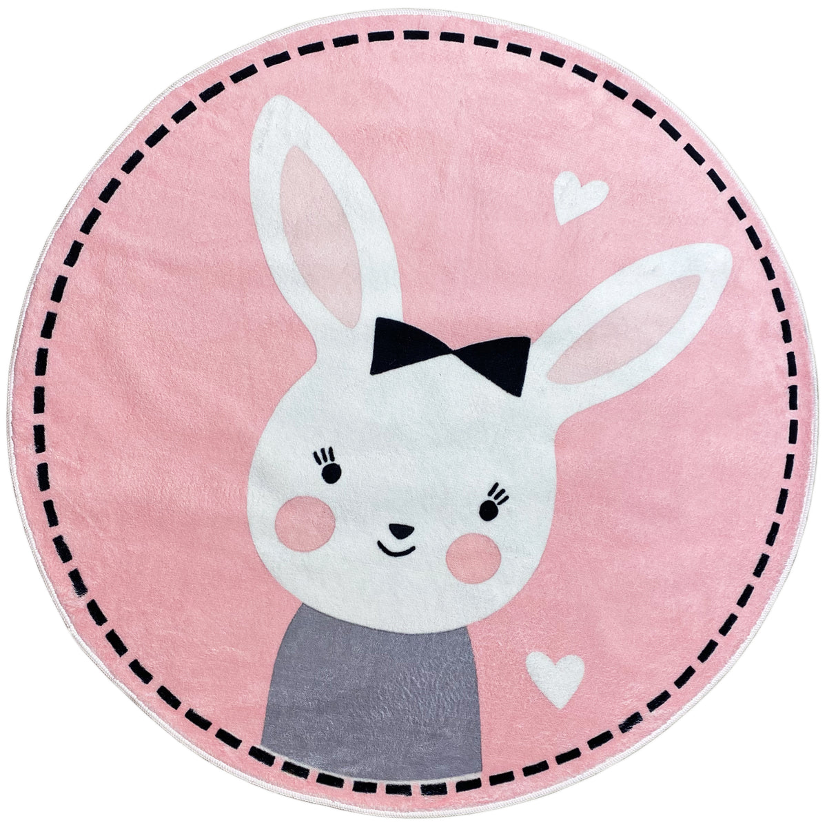 Runder Kinderteppich mit Hasenmotiv, rosa mit schwarzer Fliege und weißen Herzen