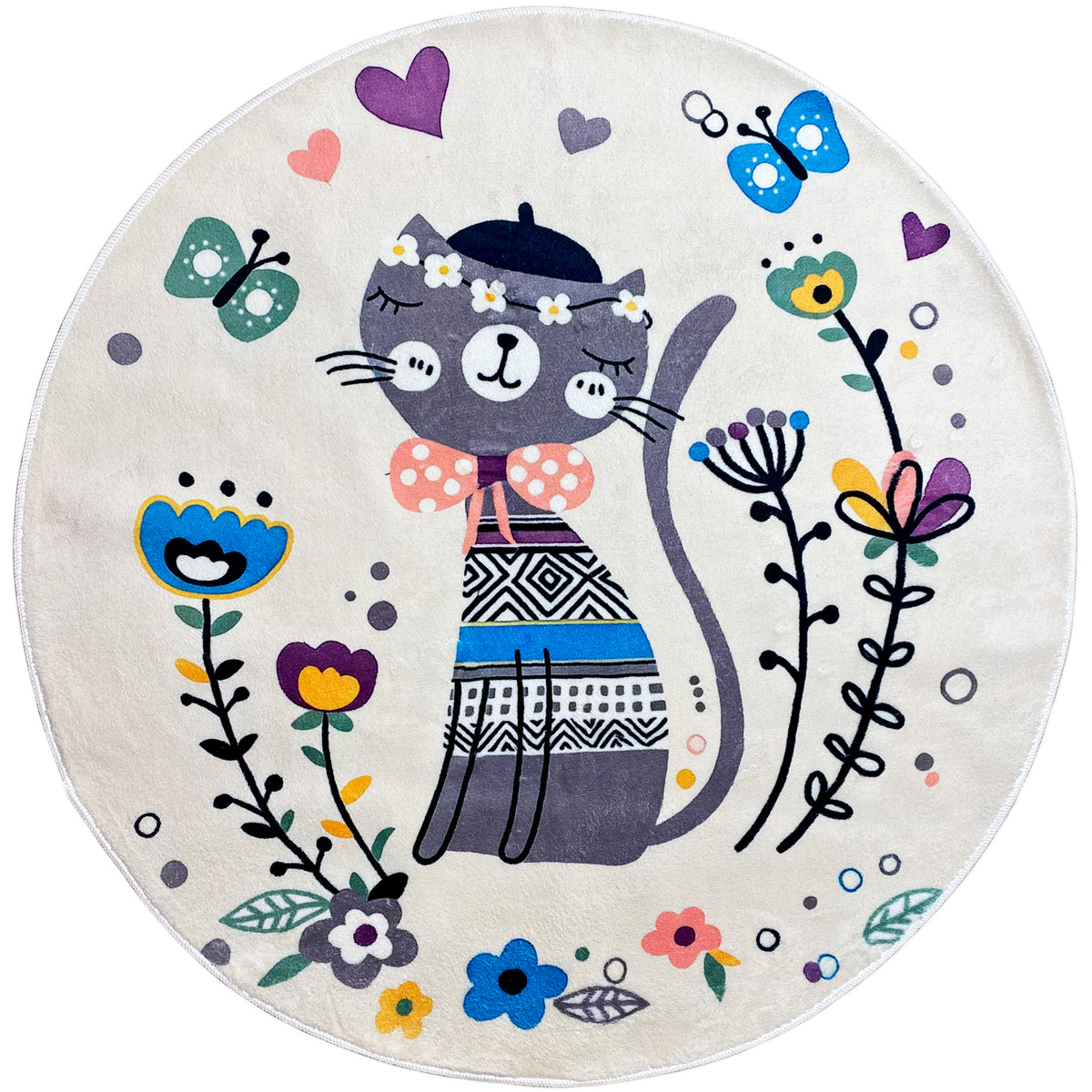 Runder Kinderteppich mit Katzenmotiv, weißem Grund und bunten Blumen und Schmetterlingen