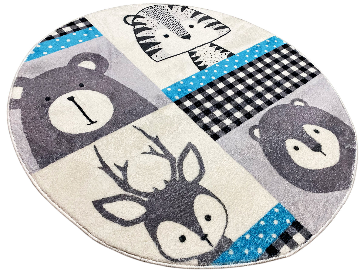 Runder Kinderteppich mit Patchwork-Tieren, Karos und Streifen in Schwarz, Grau und Blau