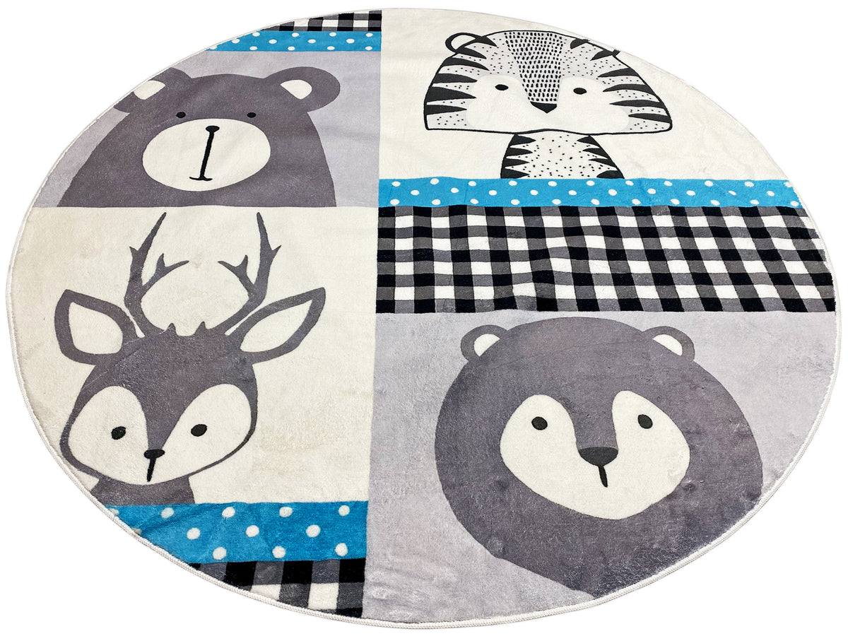 Runder Kinderteppich mit Tiermotiven in Patchwork-Optik