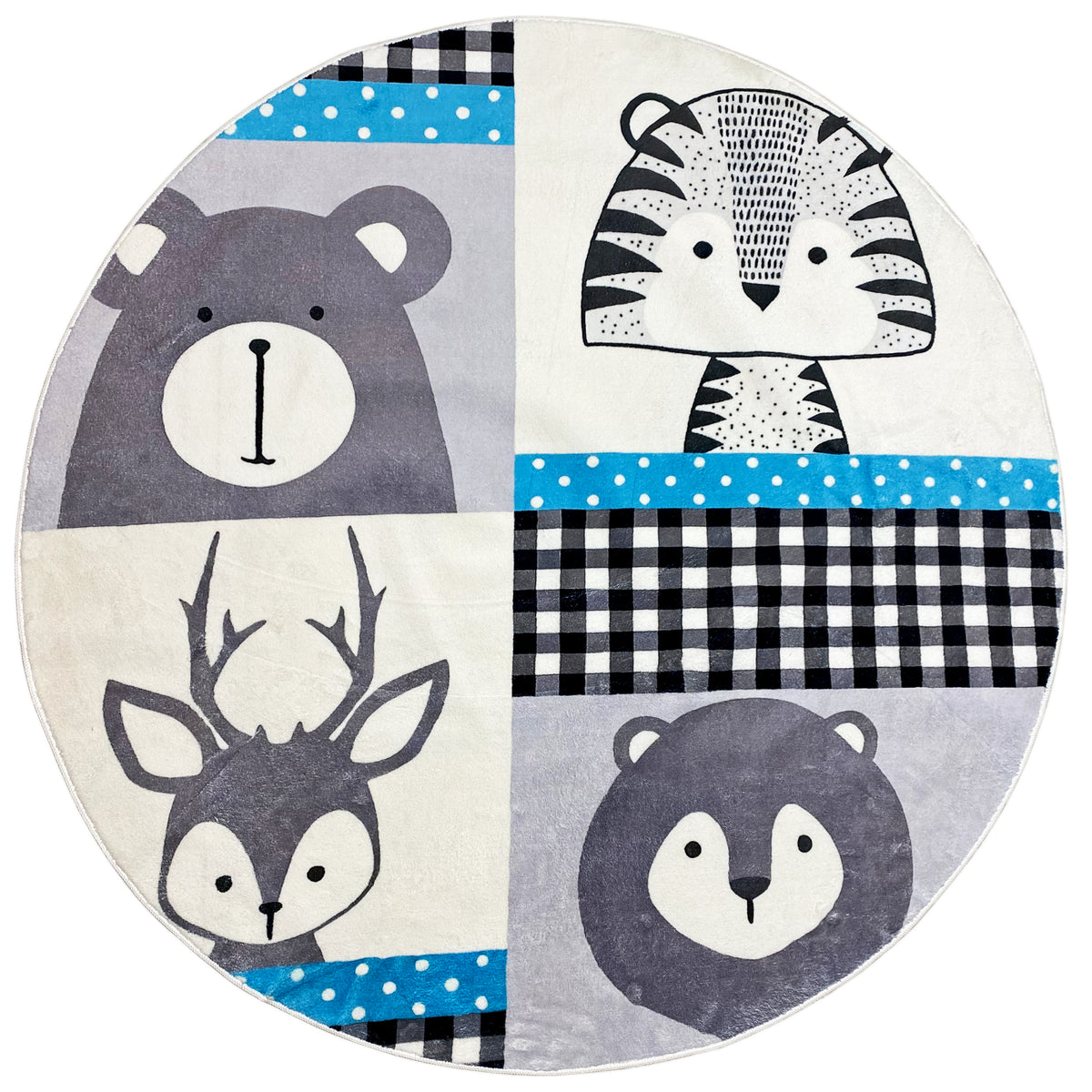 Runder Kinderteppich mit Tiermotiven in Patchwork-Optik