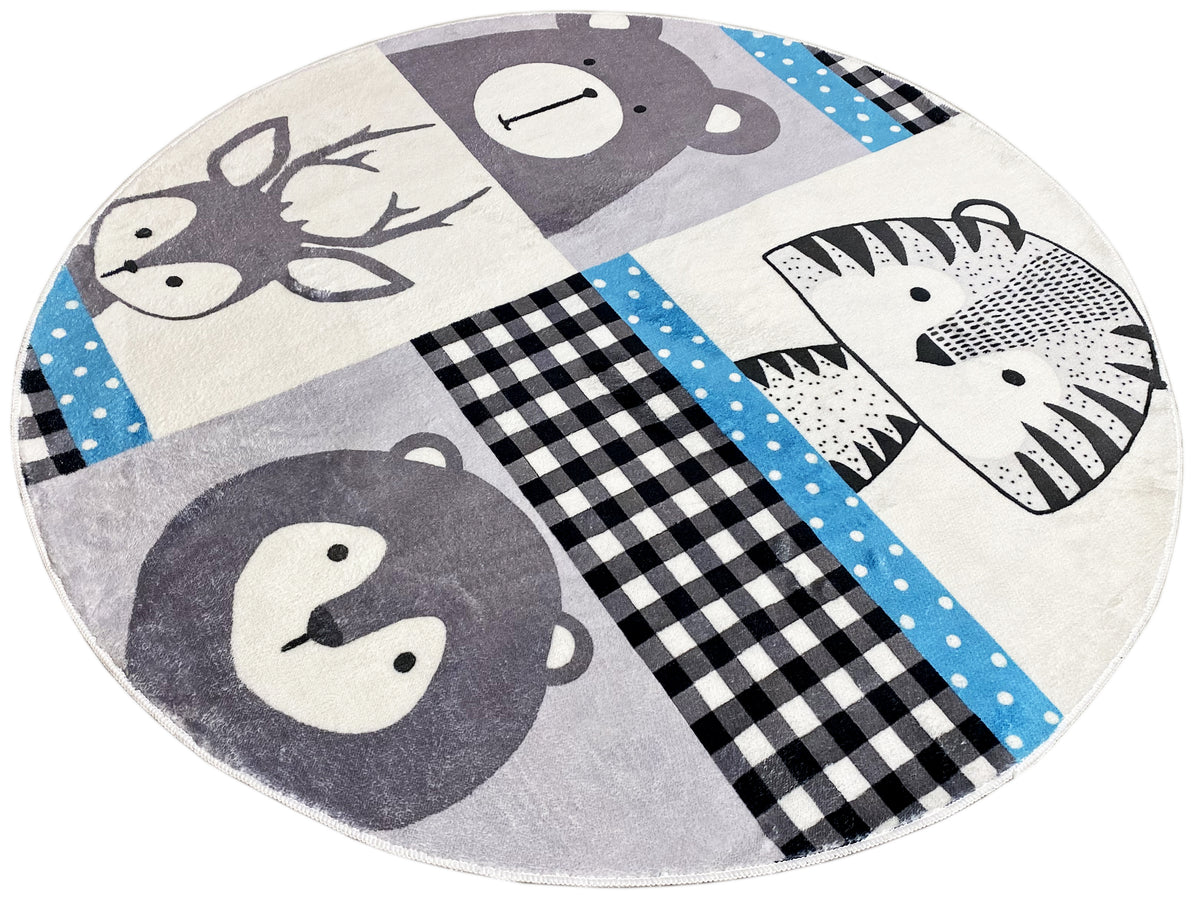 Runder Kinderteppich mit Tierpatches: Hund, Igel, Bär und Gingham in Grau/Schwarz/Blau