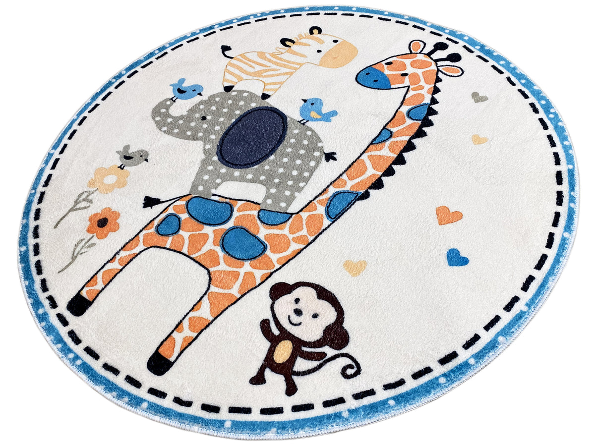 Runder Kinderteppich mit Giraffenmotiv, Hund und kleinen Blumen, runde Bordüre