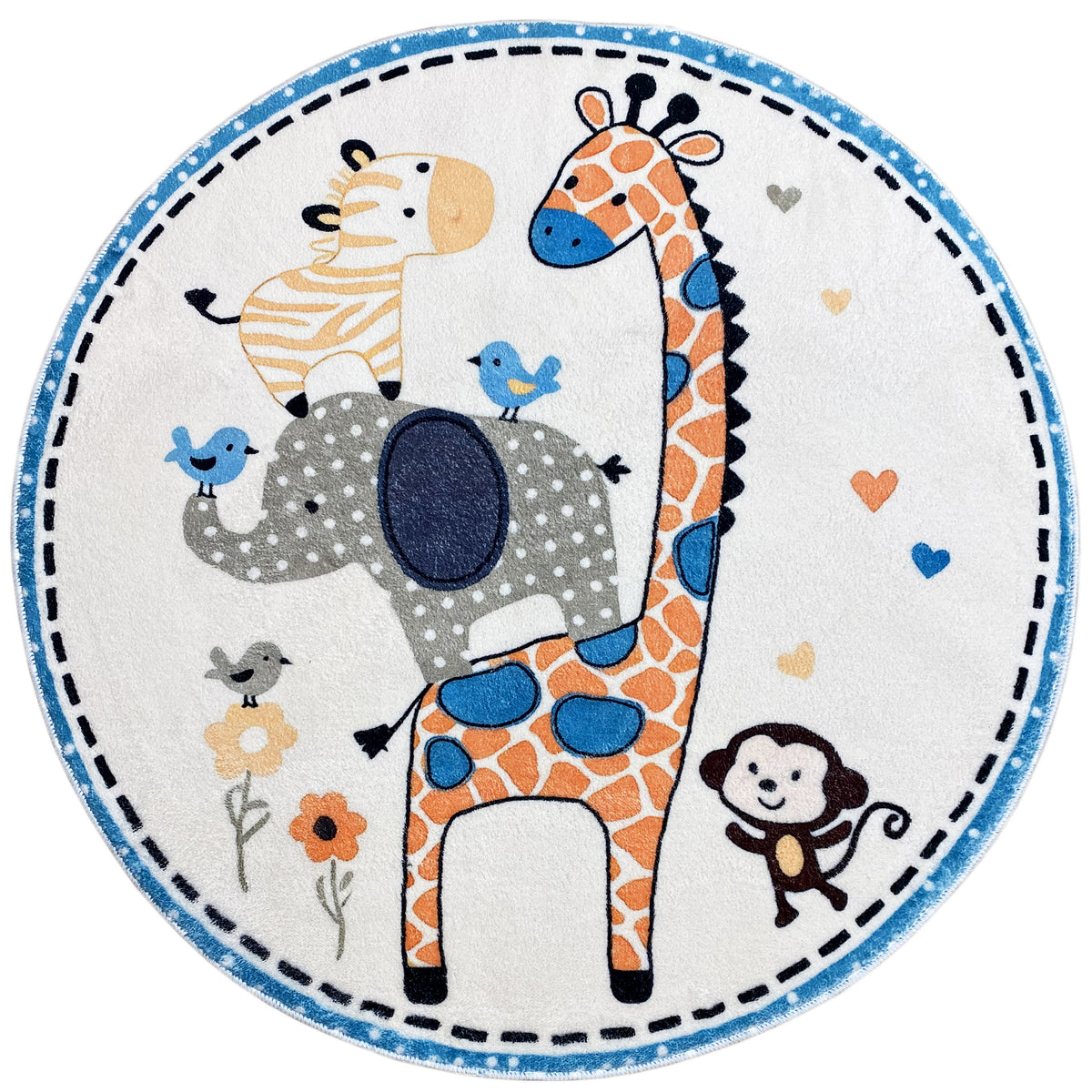 Runder Kinderteppich mit Tiermotiv: Giraffe, Elefant, Löwe und Maus