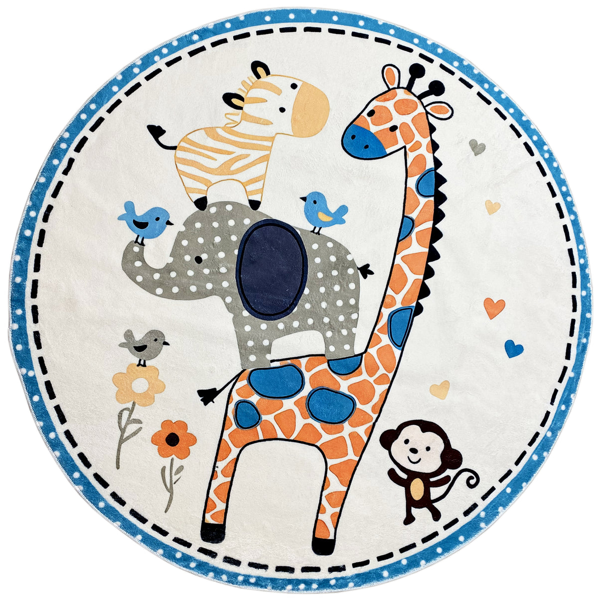 Runder Kinderteppich mit Tiermotiv: Giraffe, Löwe und kleine Tiere, blauer Rand