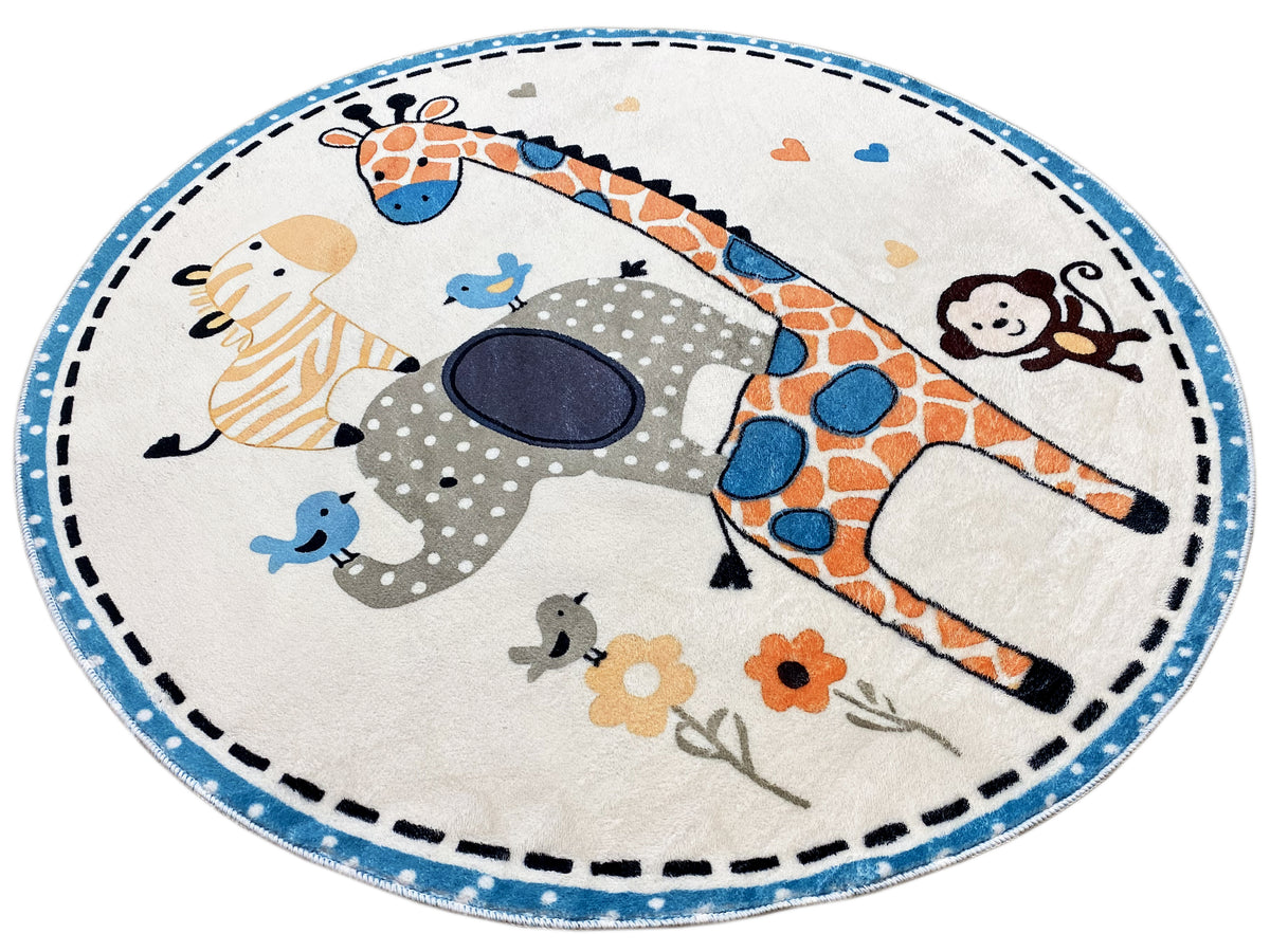 Runder Kinderteppich mit Tierillustrationen, Giraffe und Zebra, umgeben von blauen Akzenten