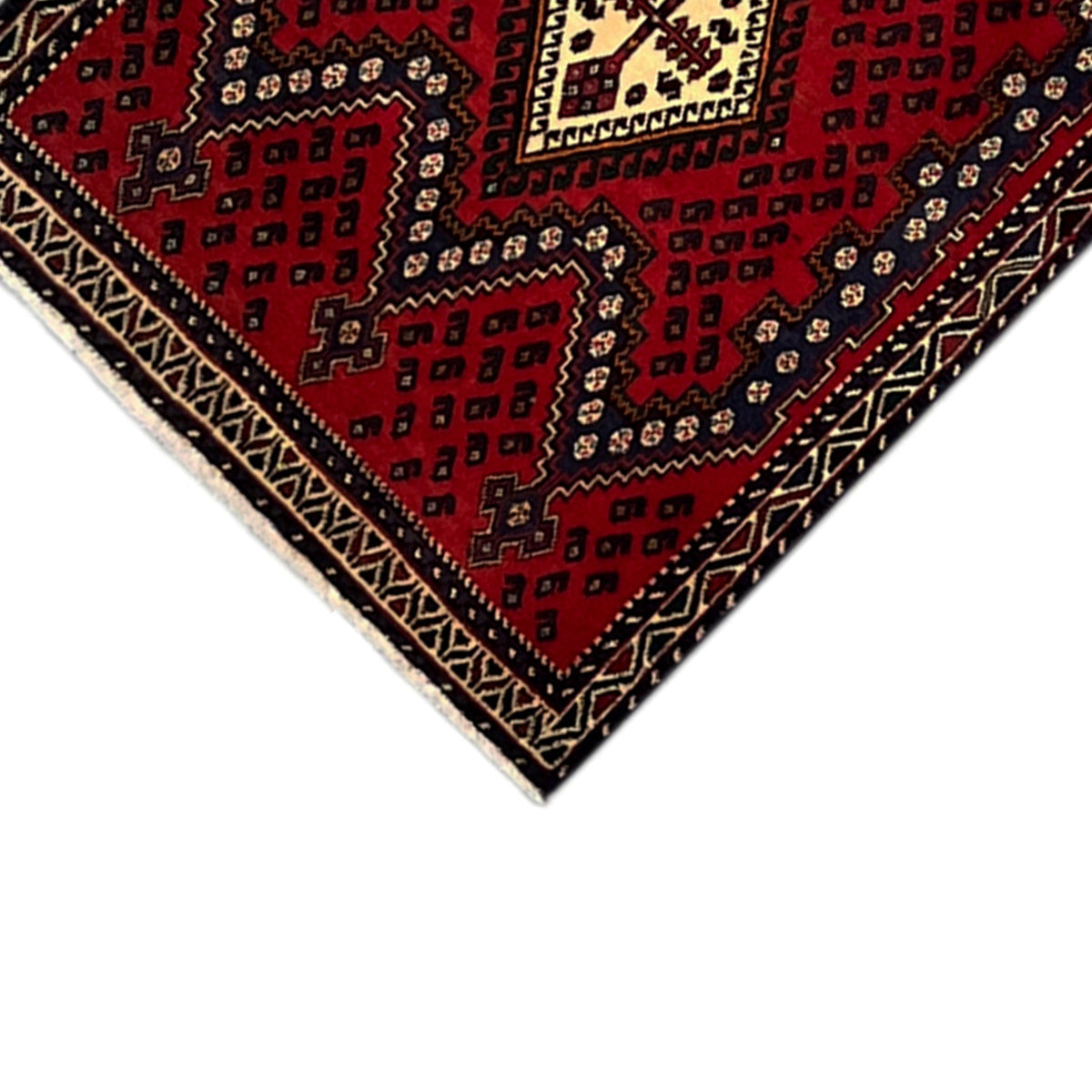 Roter Läuferteppich mit Diamant-Ornamenten und Zierbordüre in Dunkelblau