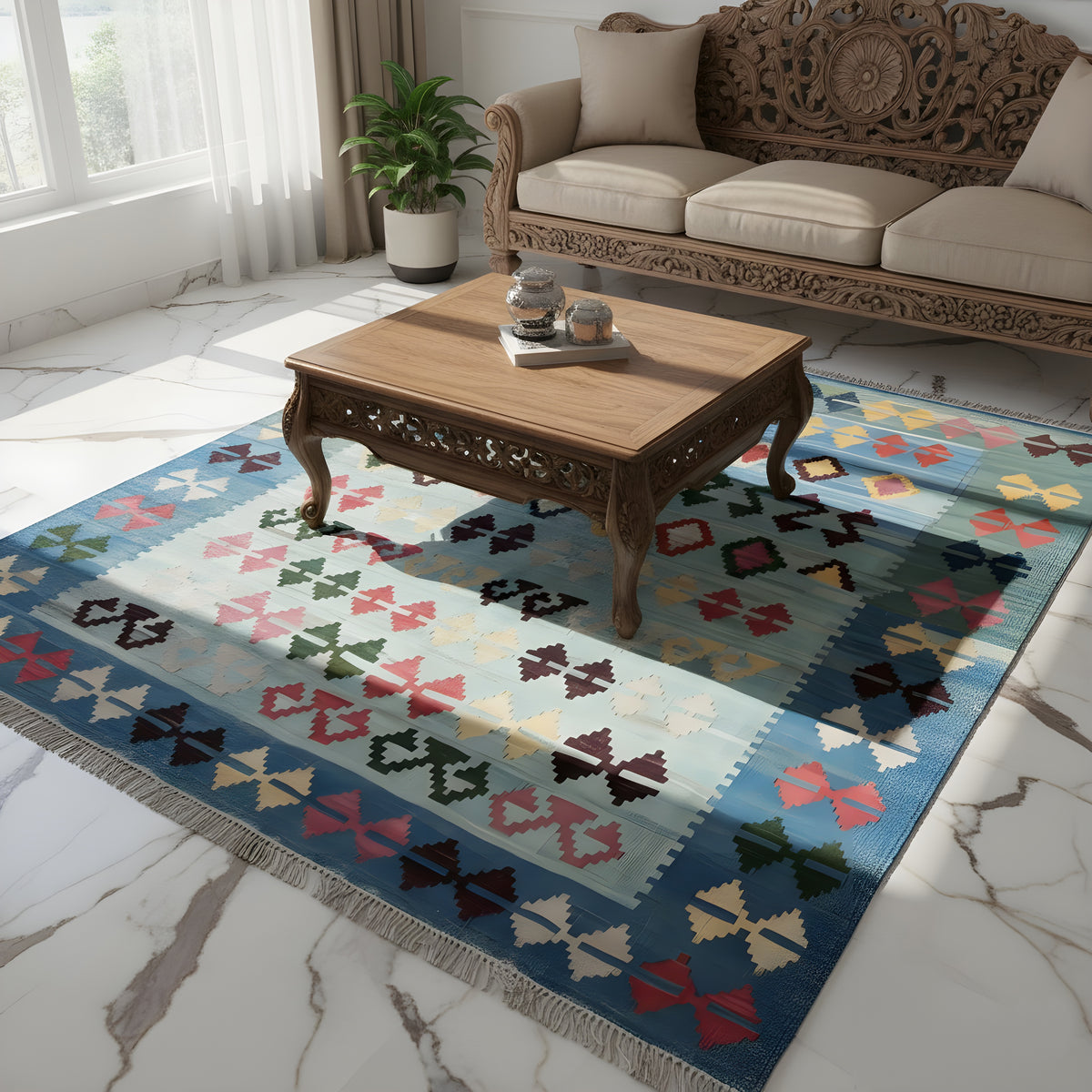 Kelim-Teppich in Blau mit mehrfarbigem Muster, am Wohnzimmertisch liegend, Fransen