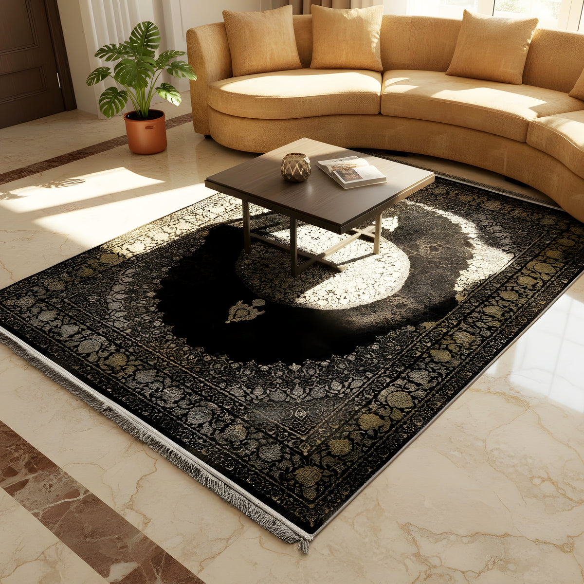 Teppich 170x240 cm mit schwarzem gold-silbernem Mandalamuster und silberner Mittelfläche
