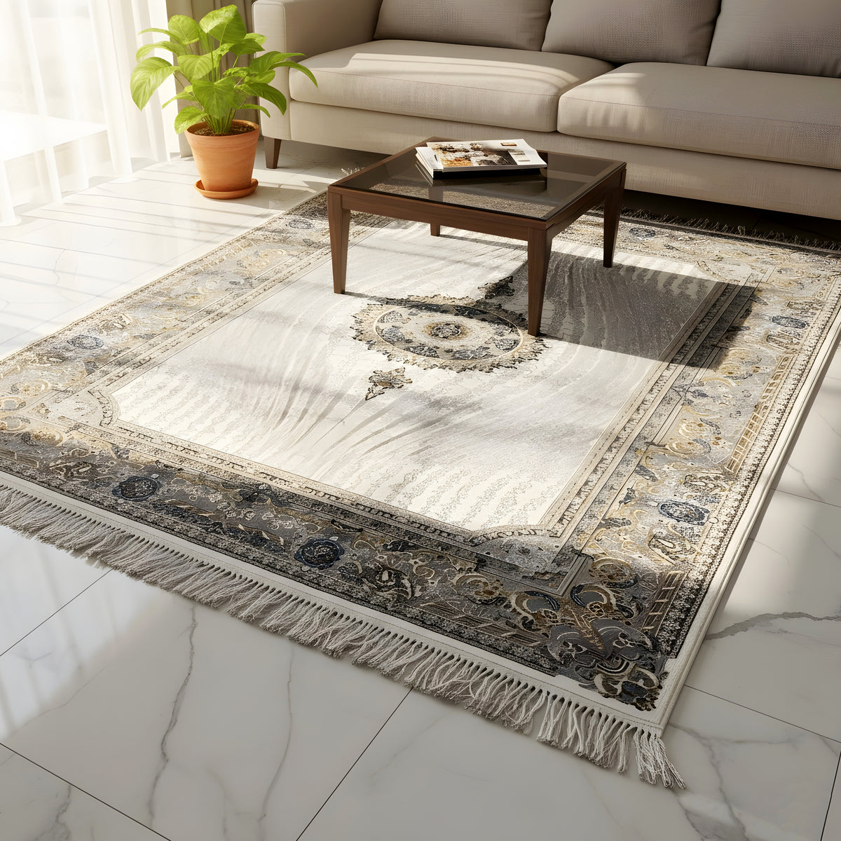 Teppich Elara 160x230 auf dem Boden: cremefarbener Grund mit Bordüre, Medaillon und Fransen
