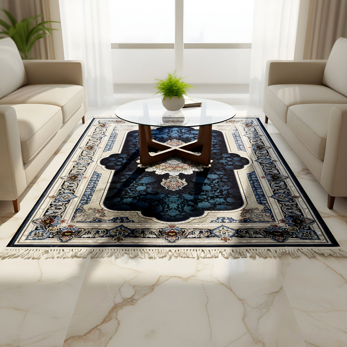 Marineblauer Teppich (170x240 cm) mit Medaillon, Zierstreifen und Fransen