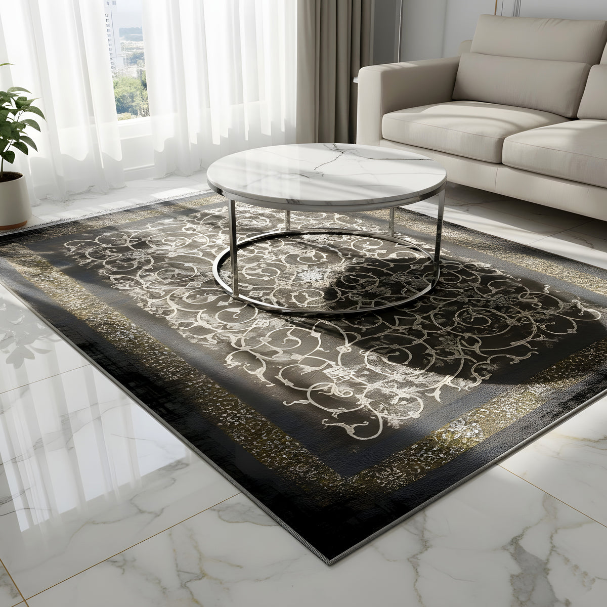Dunkler Teppich 170x240 cm mit Ornamentmuster und goldener Bordüre, ausgelegt auf dem Boden