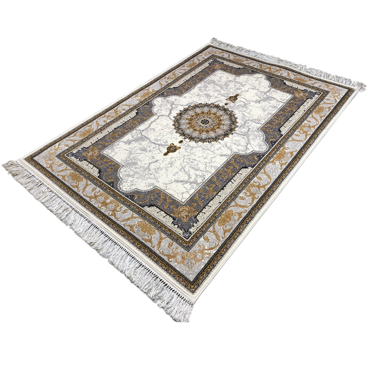 Teppich mit cremefarbenem Ajour-Ornament und dunkler Einfassung, Fransen, 160×230 cm