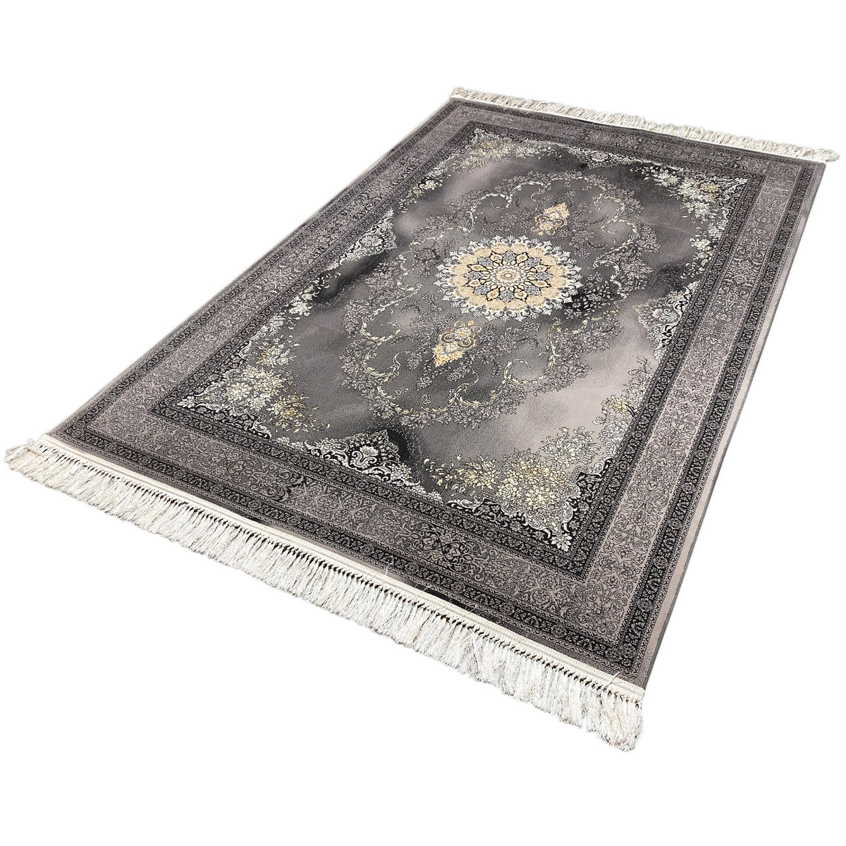 Kashan-Teppich 160x230 cm, graues Ornamentmuster mit goldfarbenen Akzenten
