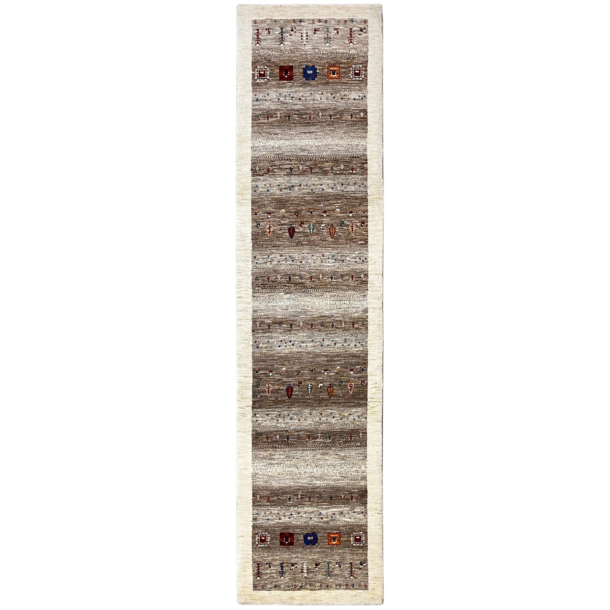Gabbeh-Läuferteppich schmal und hochkant: beiger Rand, horizontale Streifen, Perlenmotive