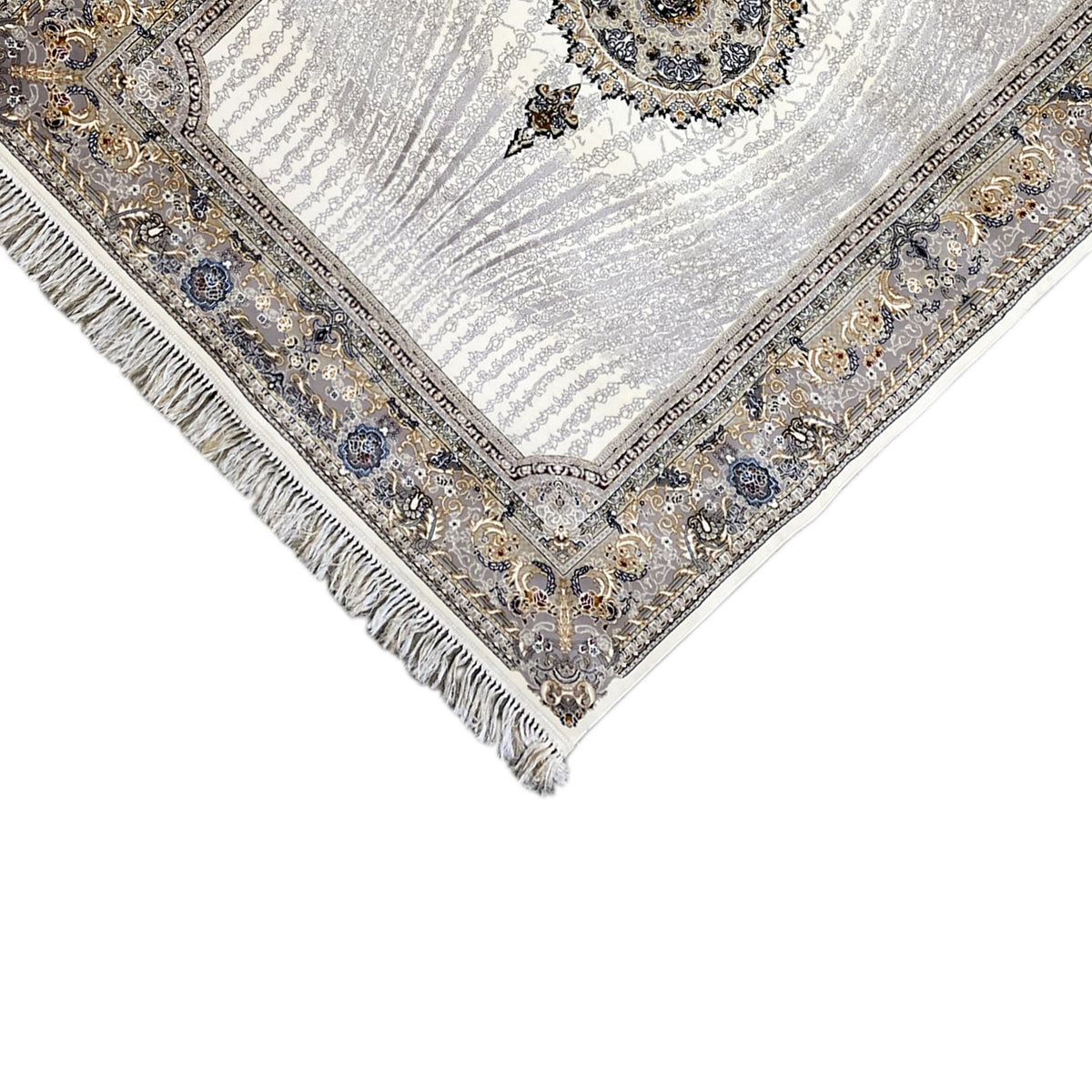 Muster-Teppich Elara 160x230 Ecke: silberne Fläche, Ornamentrahmen und Fransen
