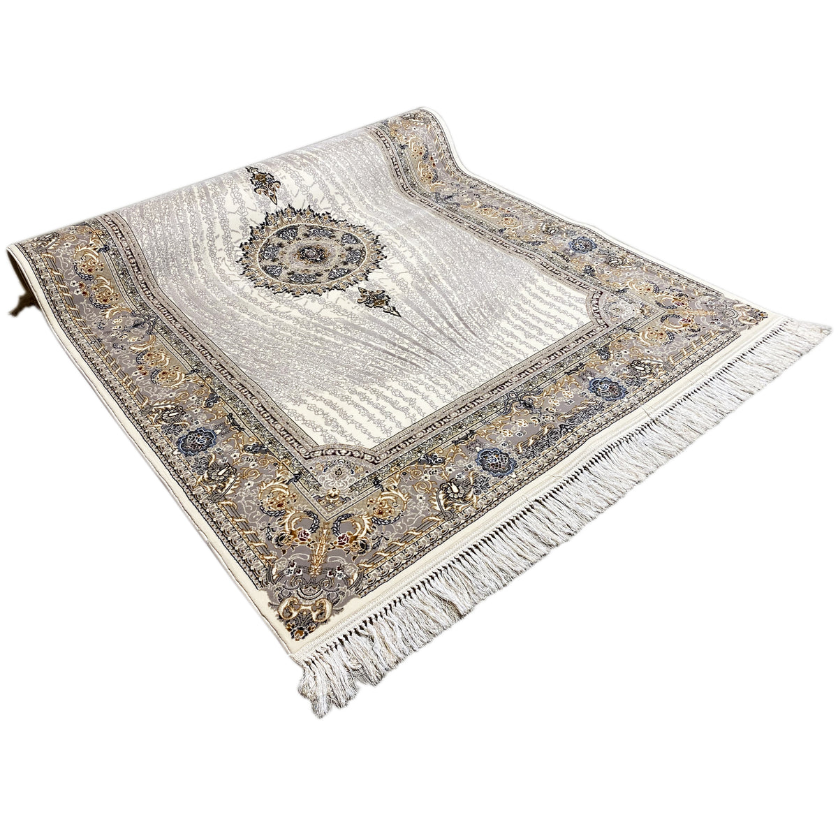 Teppich Elara 160x230 gefaltet: cremefarbener Look mit Ornamentrahmen und Fransen