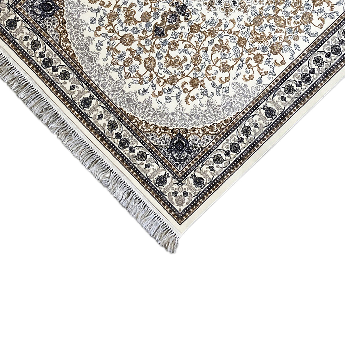 Eckdetail: Orientteppich Leyla mit dunkelblauer Bordüre, Fransen und floraler Ornamentik