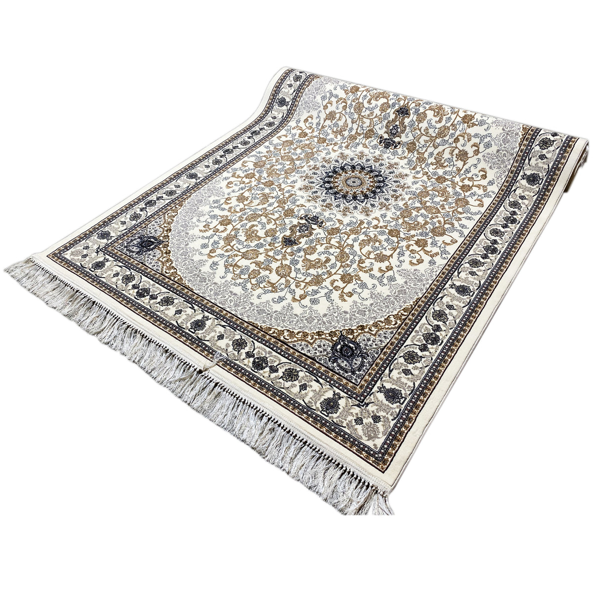 Orient-Teppich mit Medaillon-Ornamenten, creme/gold & dunkelblau, mit Fransen