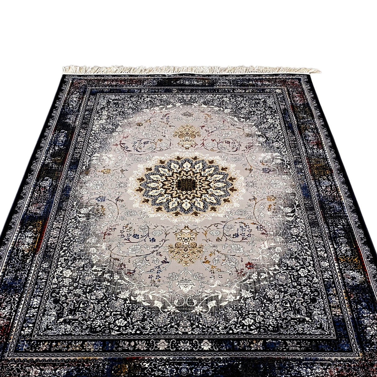 Teppich Medaillon frontale Ansicht, grau-creme Mittelpunkt, dunkler Zierstreifenrahmen, Fransen