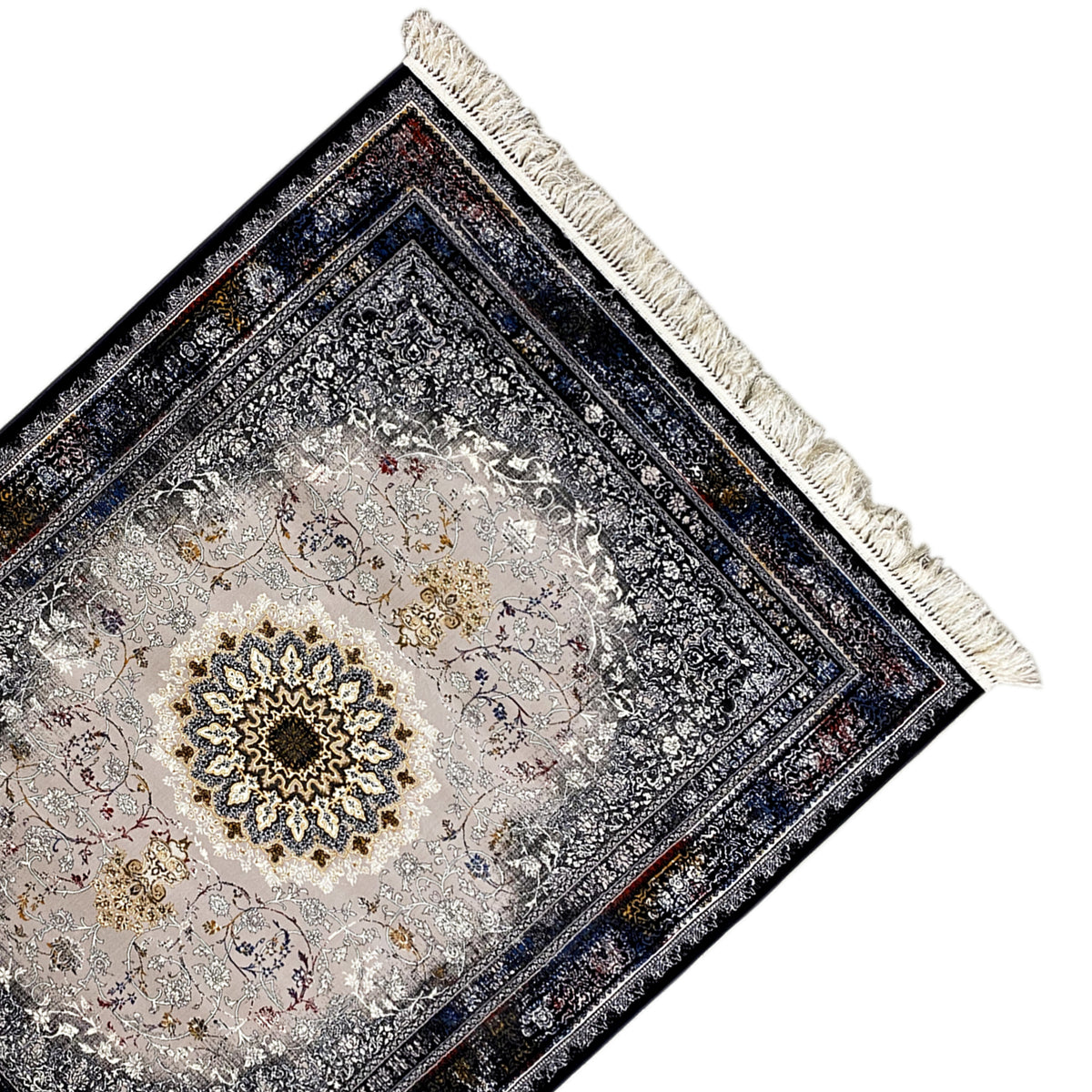 Teppich Medaillon rechteckig, Nahansicht mit Ornamentrahmen, grau-creme Mittelmotiv, Fransen