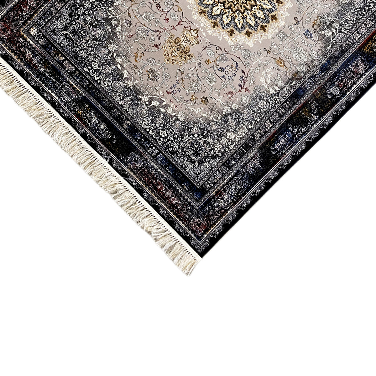 Teppich Medaillon auf Diagonale, Detailansicht: dunkler Rahmen und Fransen, grau-creme Ornamentfläche
