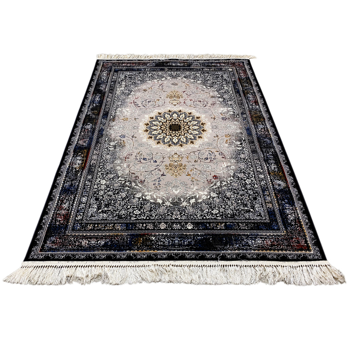 Teppich Medaillon, zentrales Ornament im Rahmen, grau-creme Farben, dunkelblauer Rand, Fransen