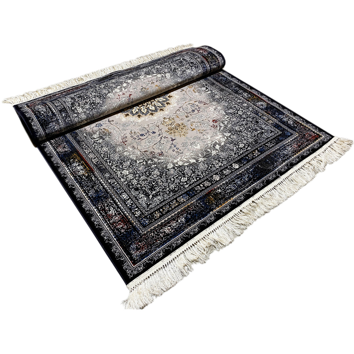 Teppich in Quadrat-Ansicht, barockes Muster in Grau, Beige und Dunkelblau, mit Fransen
