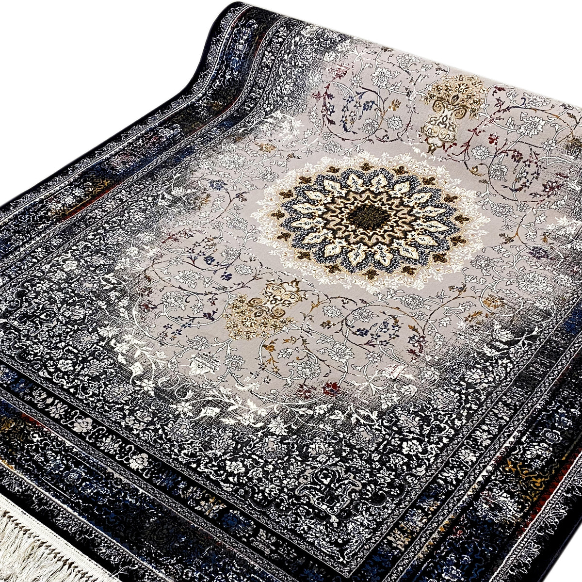 Teppich mit zentralem Medaillon und Floralmuster, grau-beige Farben, dunkelblaue Kanten