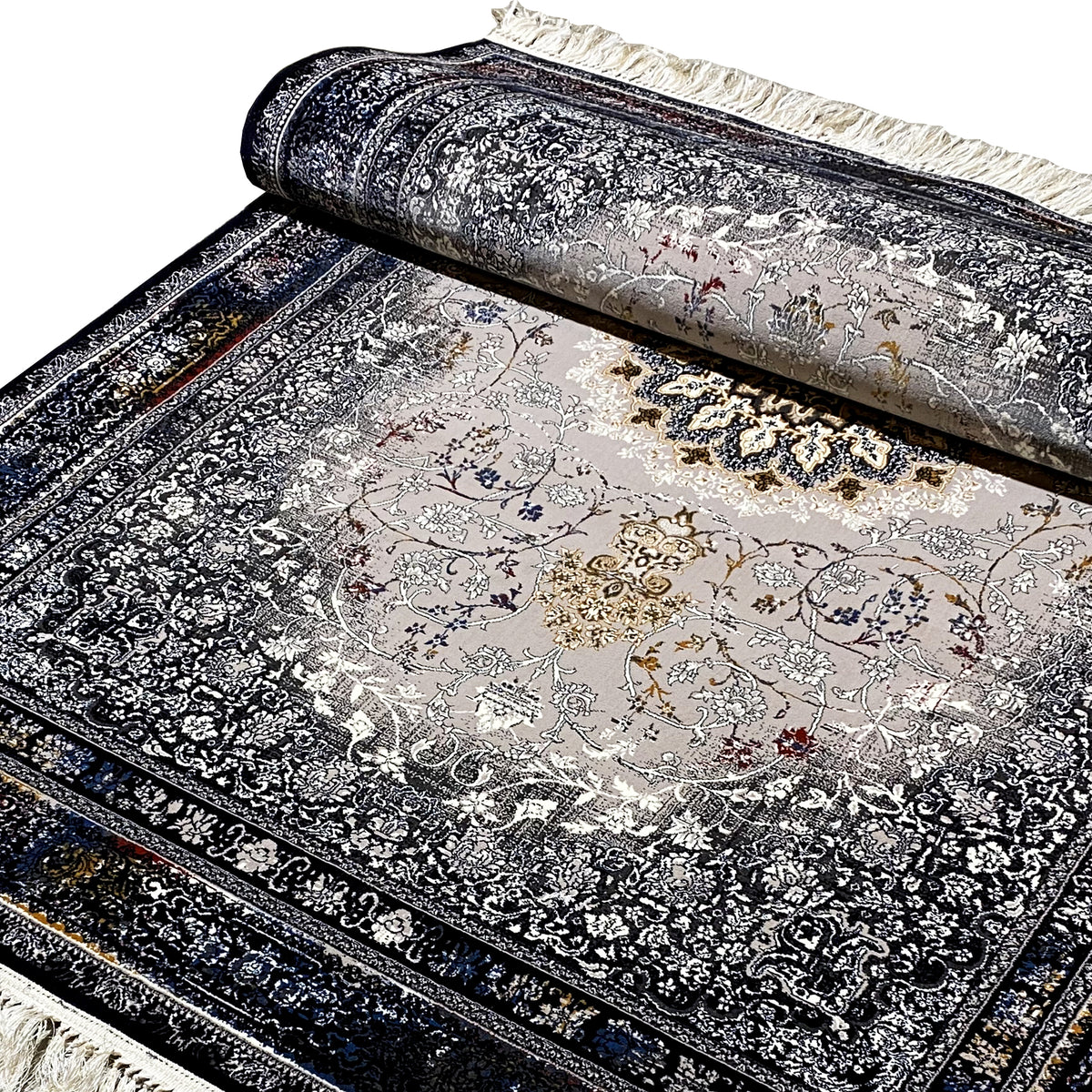 Teppich mit Ornament-Medaillon, dunkelblau/schwarz, beiges Muster, Fransenrand