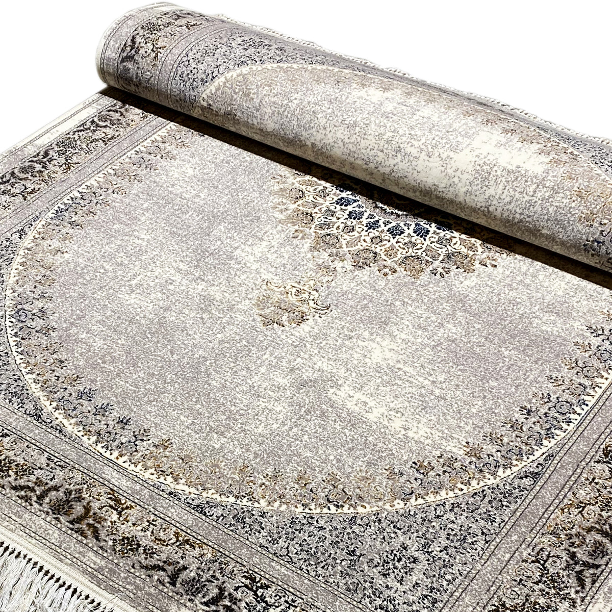 Teppich 160×230 cm silbergrau, gerollt mit Medaillon und Zierbordüre