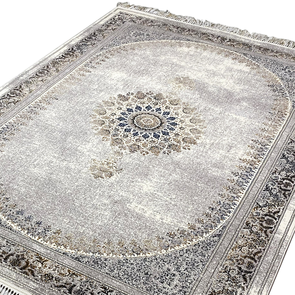 Teppich silbergrau mit rundem Medaillon und dunkler Orientbordüre, Fransen