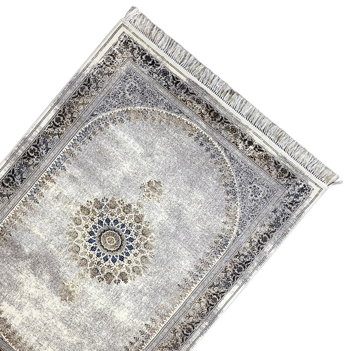Vintage-Teppich mit silbergrauem Muster, ornamentalem Rand und mittigem Medaillon
