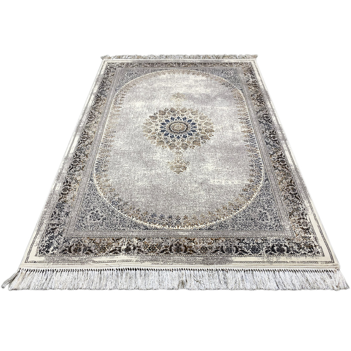 Vintage-Teppich 160x230cm mit grauem Grund, Medaillon-Ornament, Zierbordüre und Fransen