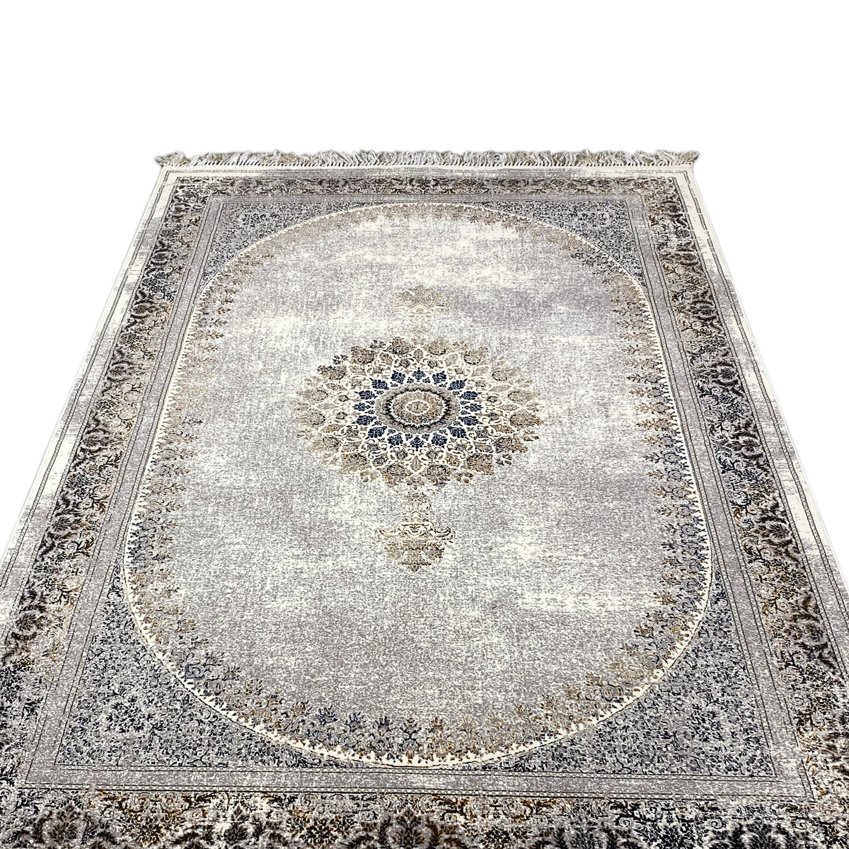 Vintage-Teppich mit runder Medaillon-Dekoration, grauem Schimmer und Zierbordüre