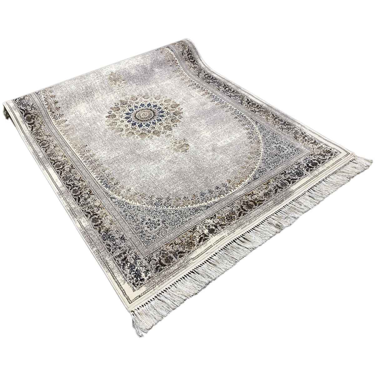 Teppich 160×230 cm silbergrau mit blau-goldenem Medaillon und Zierbordüre, Fransen